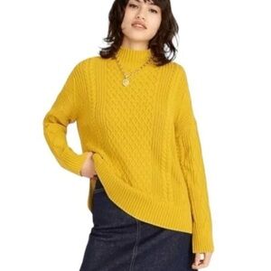 J. Crew Long Cotton Cable-Knit Mockneck Oversized‎ Sweater in Yellow Size Medium